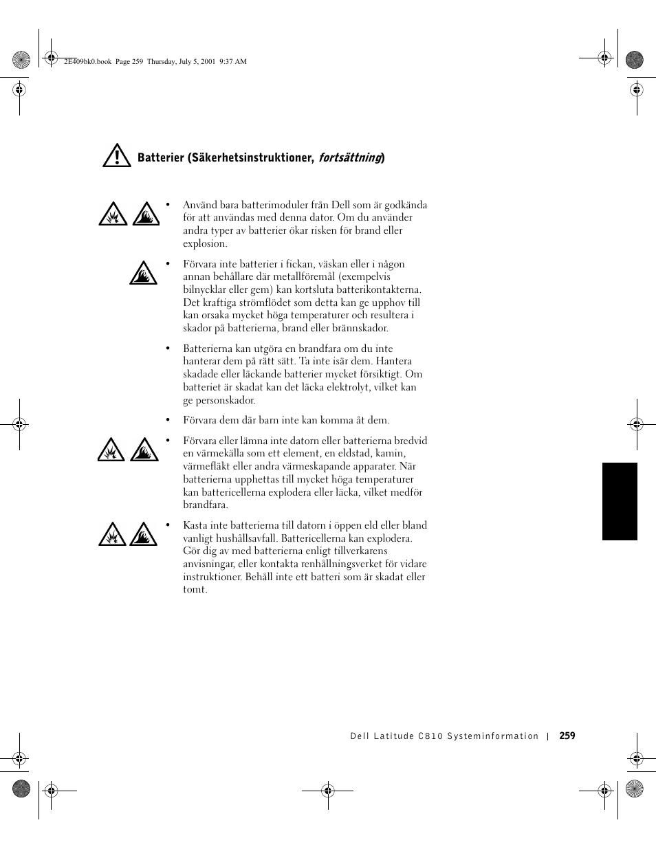 Batterier (säkerhetsinstruktioner, fortsättning) | Dell Latitude C810 User Manual | Page 261 / 304