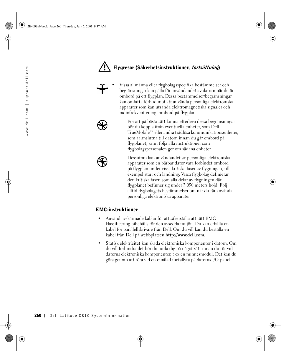 Flygresor (säkerhetsinstruktioner, fortsättning), Emc-instruktioner | Dell Latitude C810 User Manual | Page 262 / 304