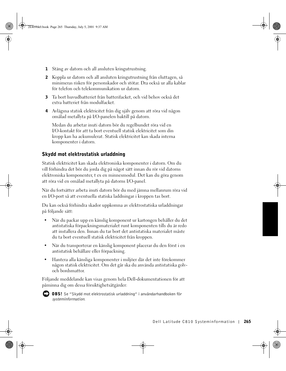 Skydd mot elektrostatisk urladdning | Dell Latitude C810 User Manual | Page 267 / 304