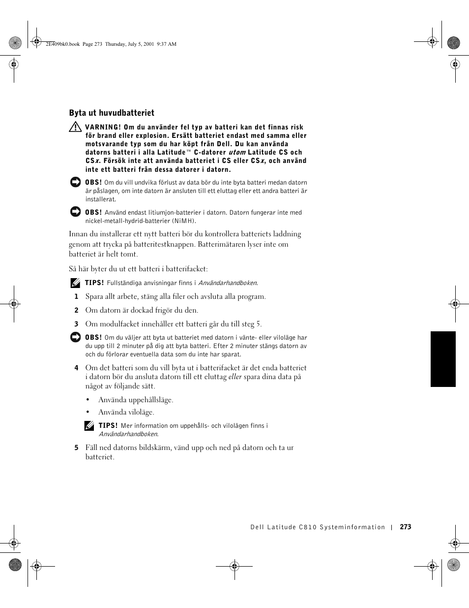 Byta ut huvudbatteriet | Dell Latitude C810 User Manual | Page 275 / 304