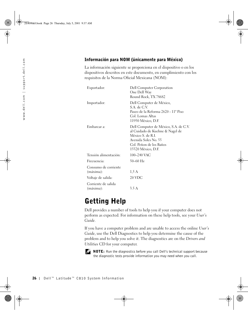 Información para nom (únicamente para méxico), Getting help | Dell Latitude C810 User Manual | Page 28 / 304
