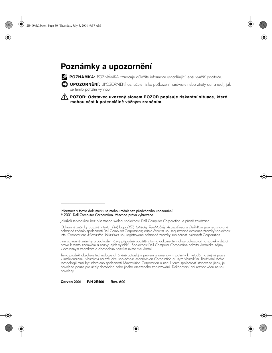 Poznámky a upozornění | Dell Latitude C810 User Manual | Page 32 / 304