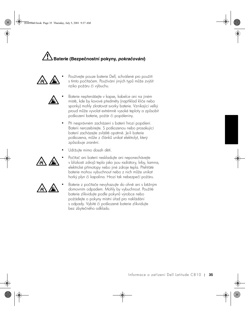 Baterie (bezpečnostní pokyny, pokračování) | Dell Latitude C810 User Manual | Page 37 / 304