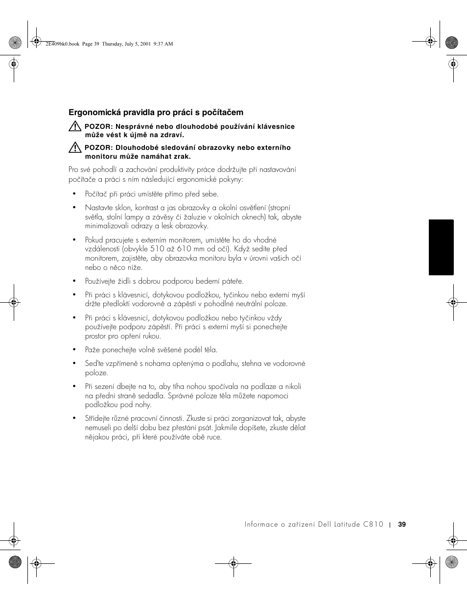 Ergonomická pravidla pro práci s počítačem | Dell Latitude C810 User Manual | Page 41 / 304