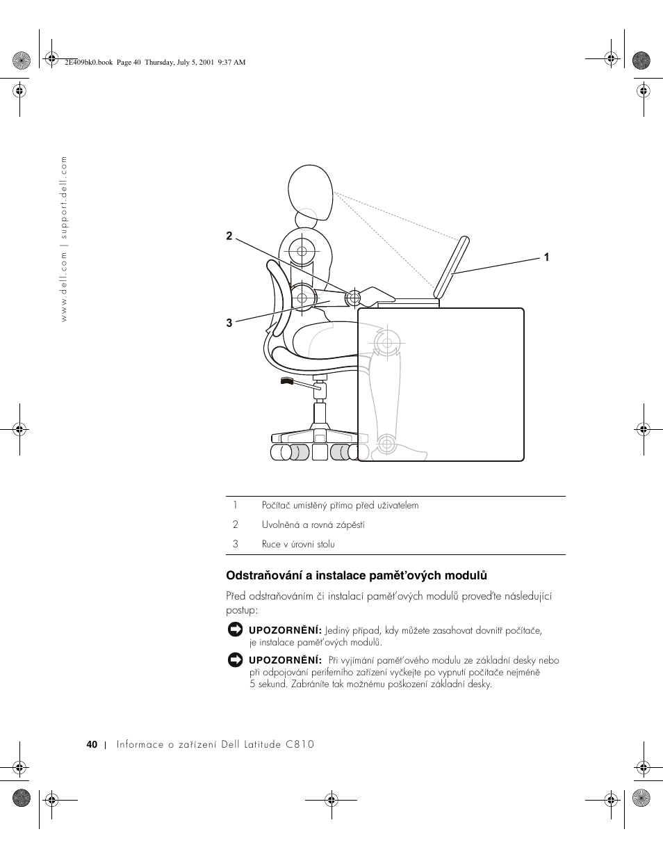 Odstraňování a instalace pamět’ových modulů | Dell Latitude C810 User Manual | Page 42 / 304