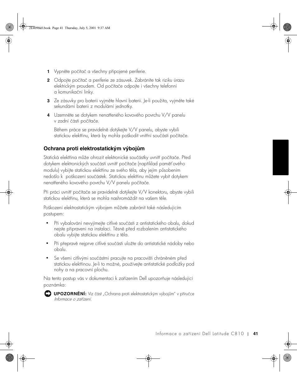 Ochrana proti elektrostatickým výbojům | Dell Latitude C810 User Manual | Page 43 / 304