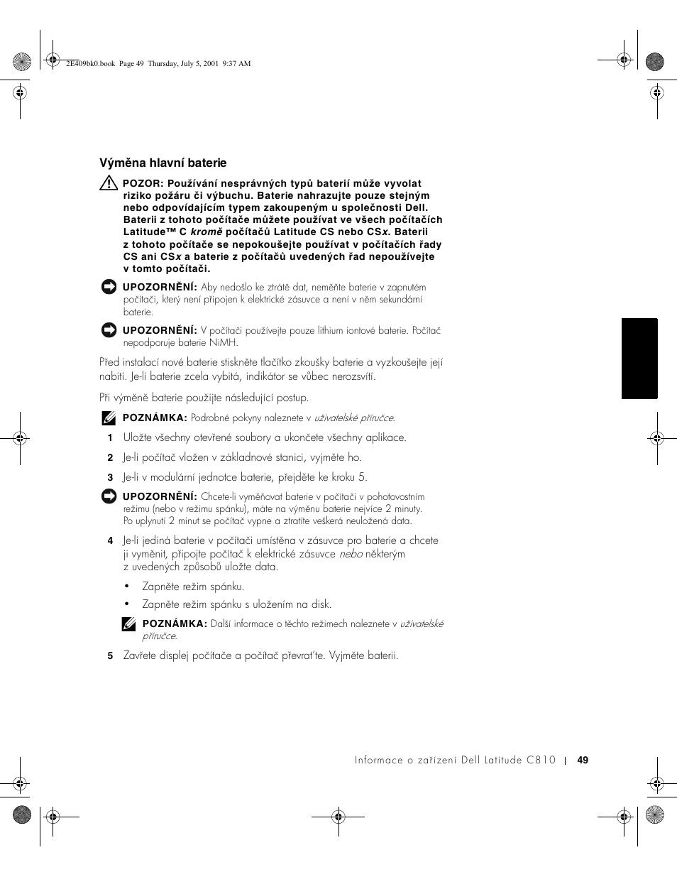 Výměna hlavní baterie | Dell Latitude C810 User Manual | Page 51 / 304