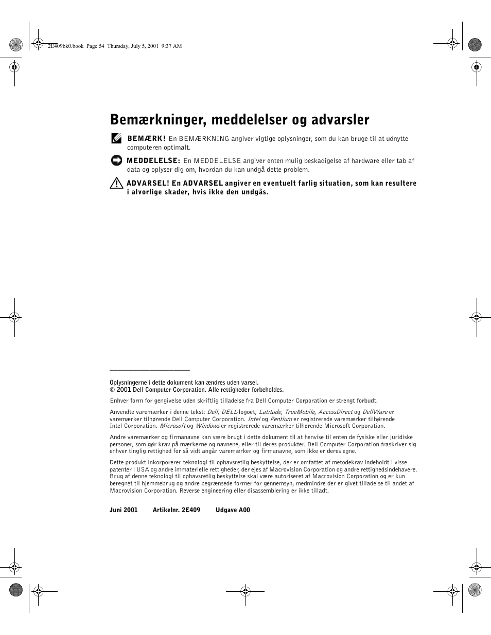 Bemærkninger, meddelelser og advarsler | Dell Latitude C810 User Manual | Page 56 / 304