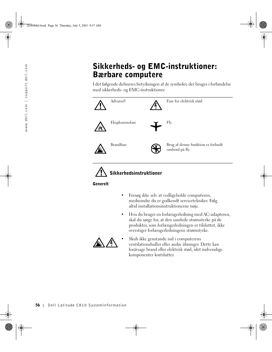 Sikkerhedsinstruktioner | Dell Latitude C810 User Manual | Page 58 / 304