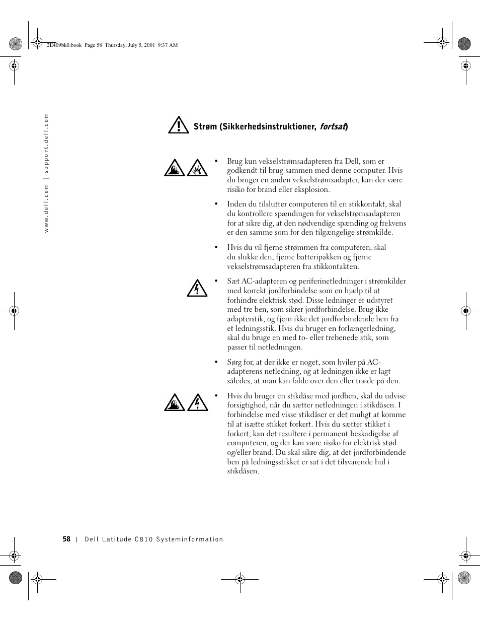 Strøm (sikkerhedsinstruktioner, fortsat) | Dell Latitude C810 User Manual | Page 60 / 304