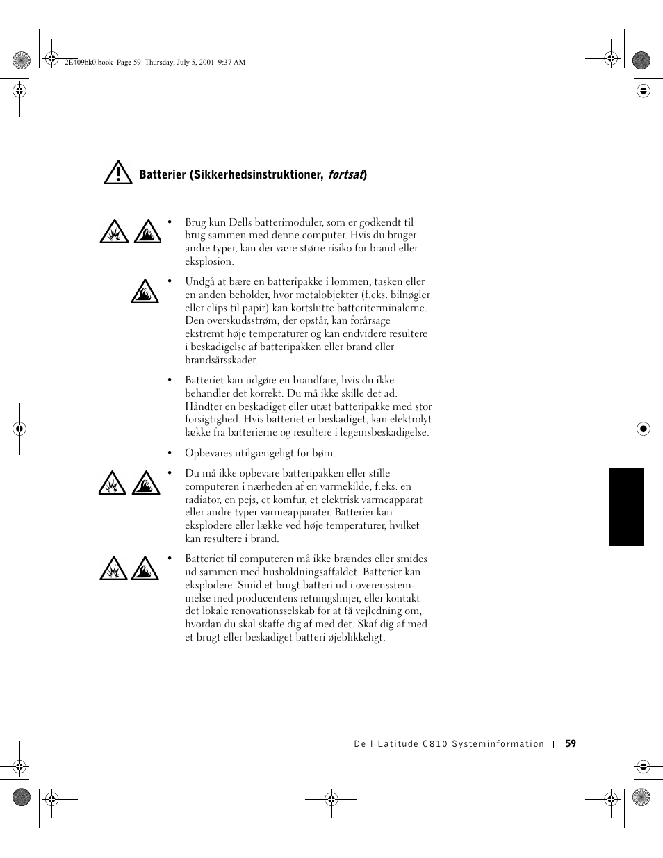 Batterier (sikkerhedsinstruktioner, fortsat) | Dell Latitude C810 User Manual | Page 61 / 304