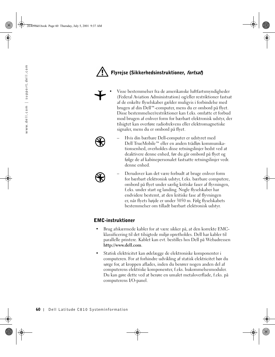 Flyrejse (sikkerhedsinstruktioner, fortsat), Emc-instruktioner | Dell Latitude C810 User Manual | Page 62 / 304