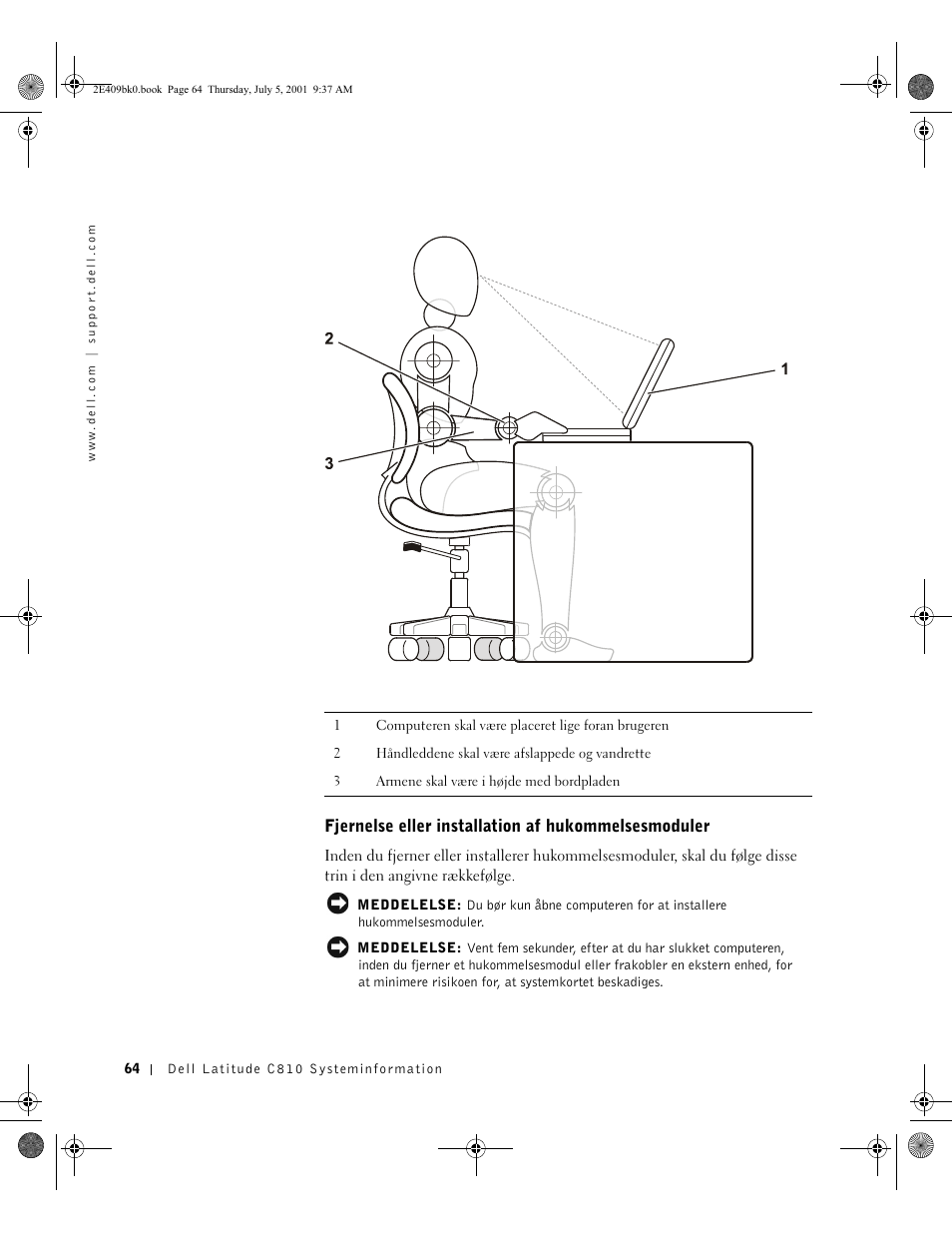 Fjernelse eller installation af hukommelsesmoduler | Dell Latitude C810 User Manual | Page 66 / 304