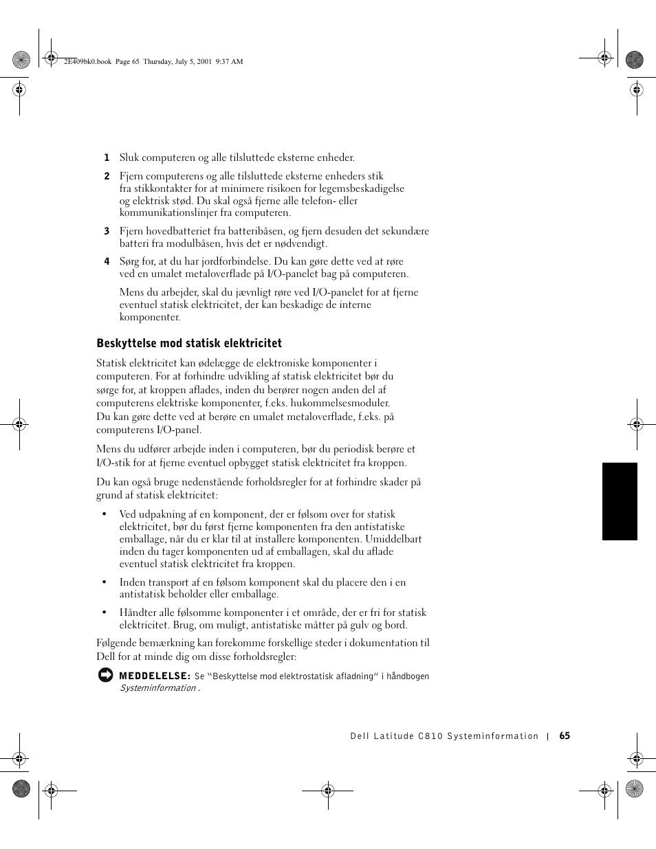 Beskyttelse mod statisk elektricitet | Dell Latitude C810 User Manual | Page 67 / 304