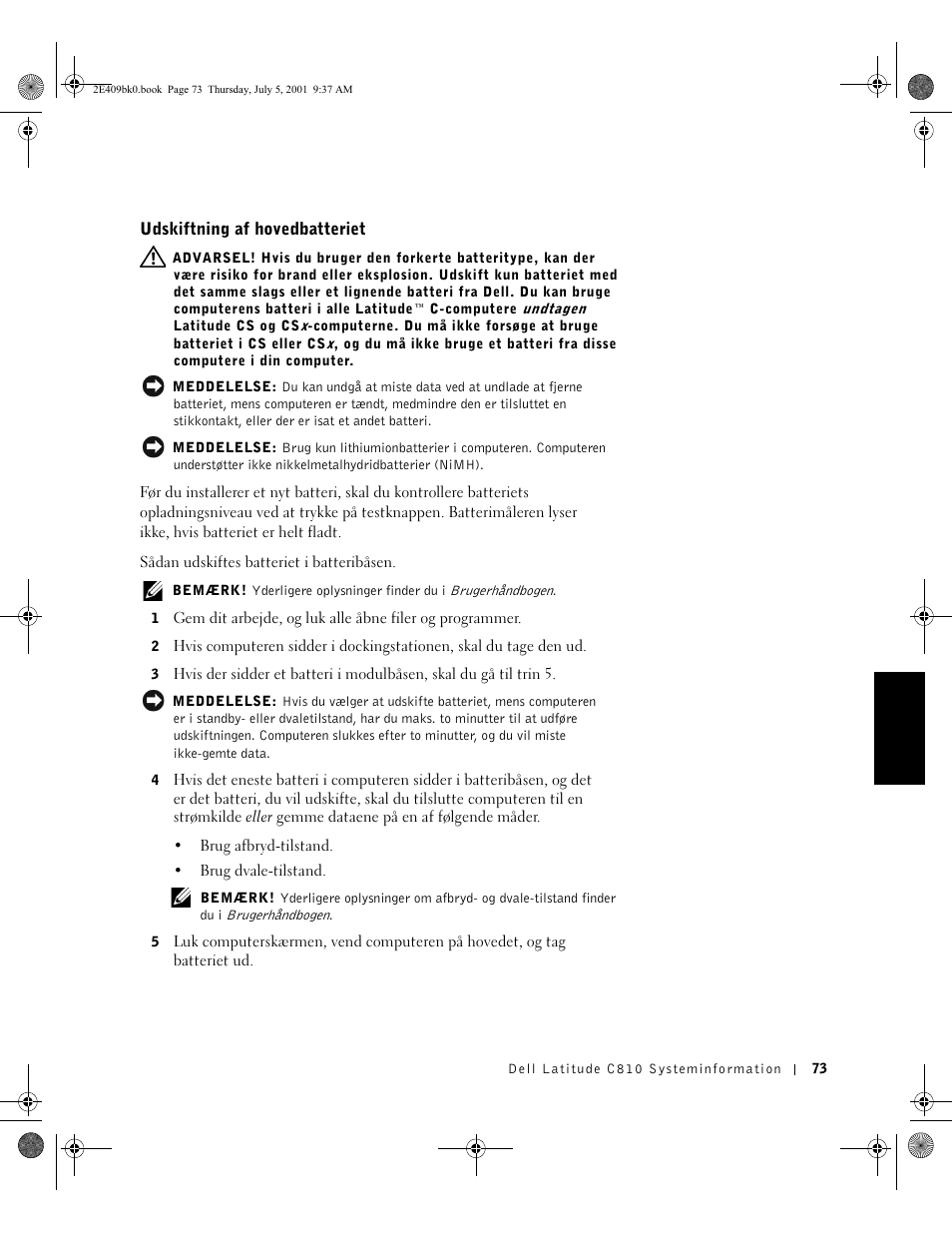 Udskiftning af hovedbatteriet | Dell Latitude C810 User Manual | Page 75 / 304
