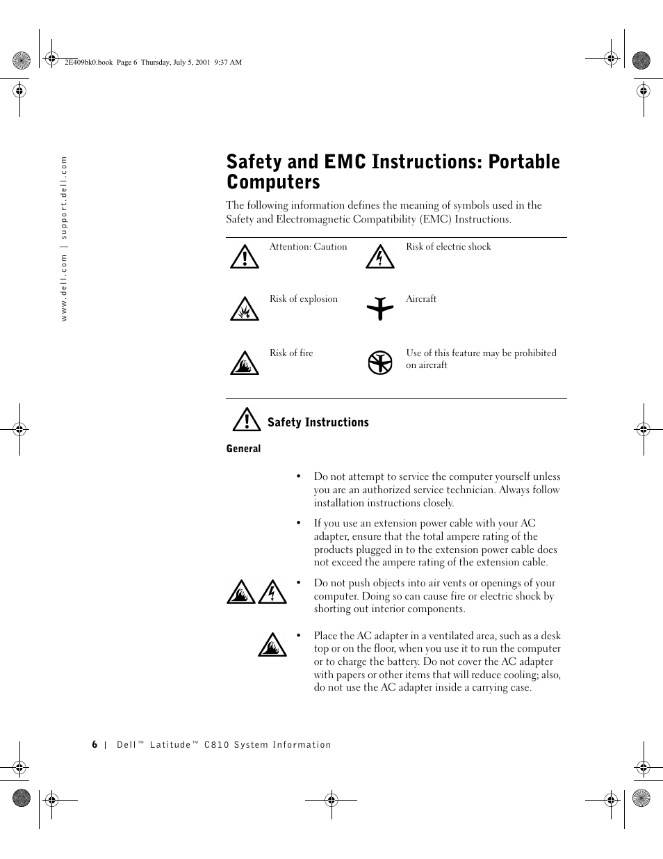 Safety and emc instructions: portable computers, Safety instructions | Dell Latitude C810 User Manual | Page 8 / 304