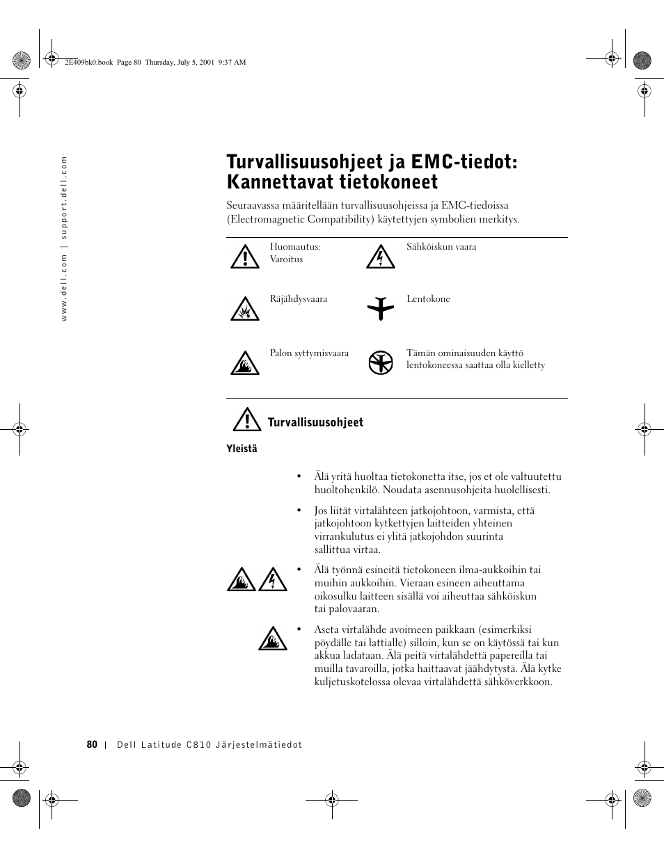 Turvallisuusohjeet | Dell Latitude C810 User Manual | Page 82 / 304