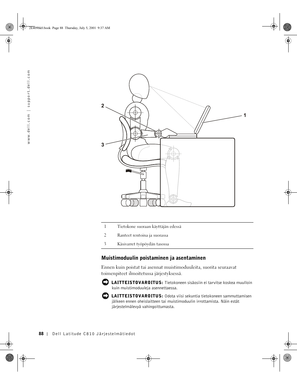 Muistimoduulin poistaminen ja asentaminen | Dell Latitude C810 User Manual | Page 90 / 304