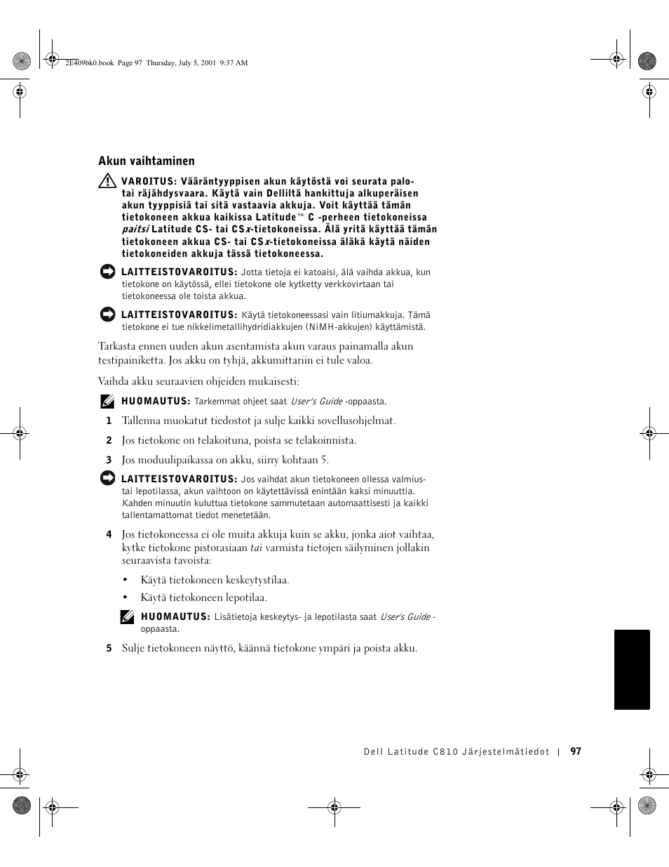 Akun vaihtaminen | Dell Latitude C810 User Manual | Page 99 / 304