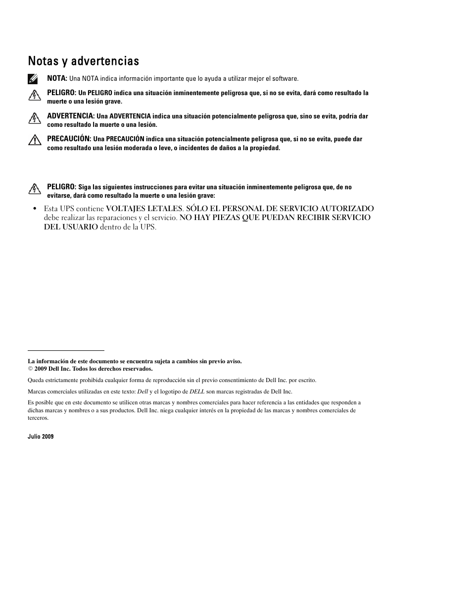 Notas y advertencias | Dell UPS 3750R User Manual | Page 44 / 94