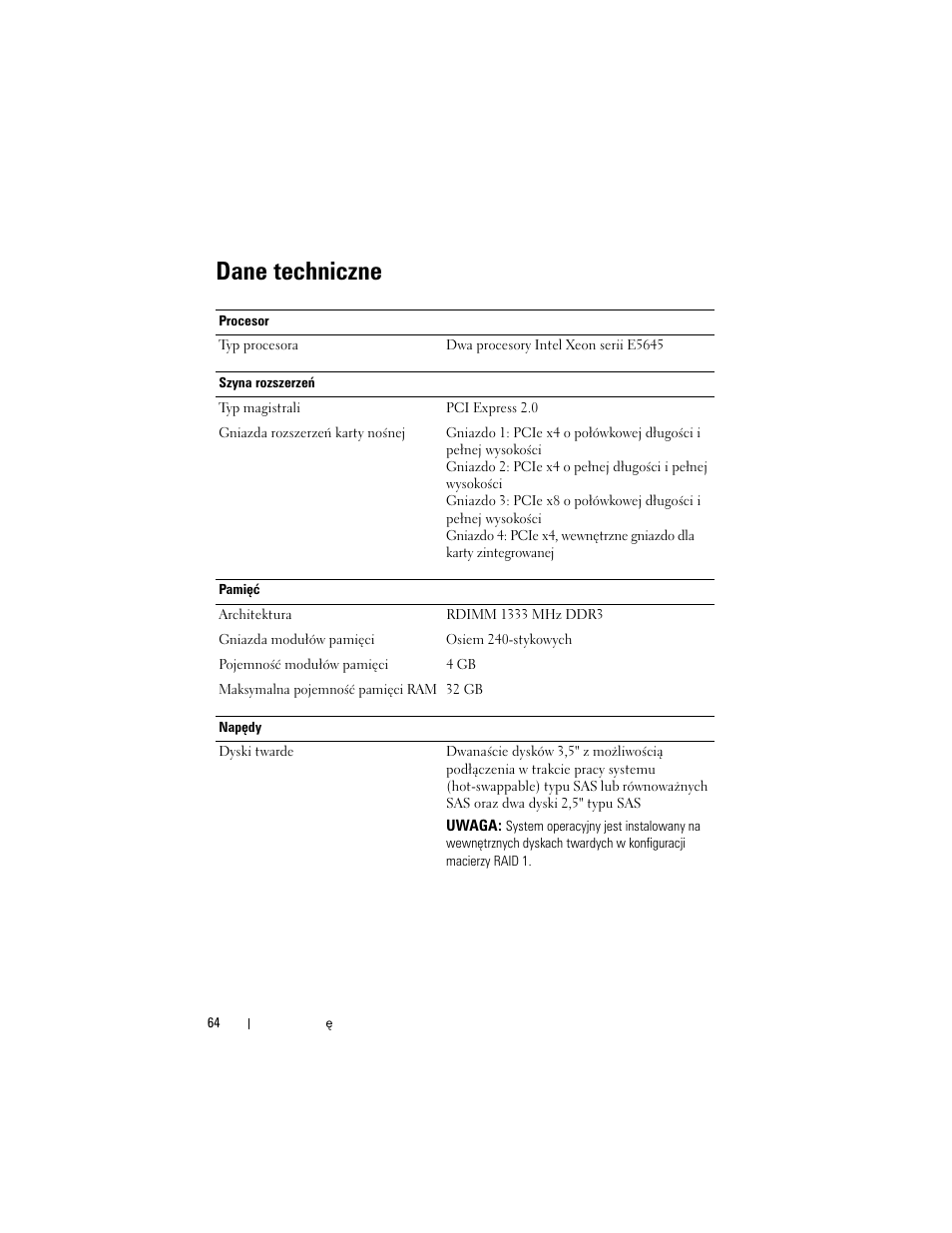 Dane techniczne | Dell DR4000 User Manual | Page 66 / 116