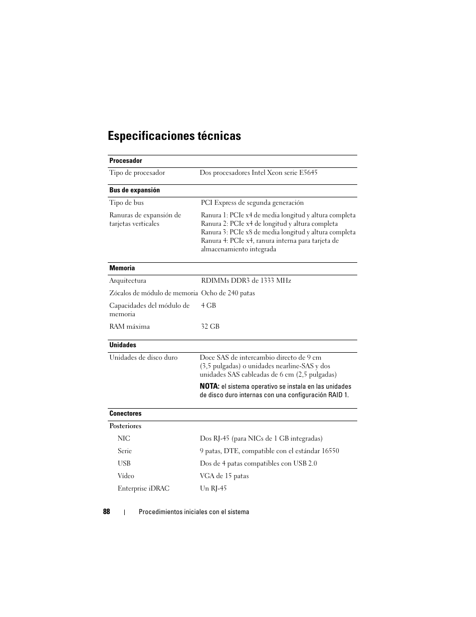 Especificaciones técnicas | Dell DR4000 User Manual | Page 90 / 116