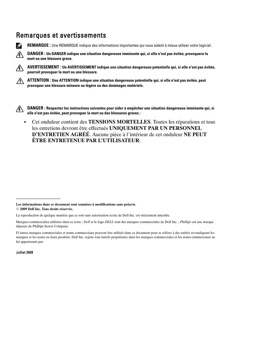 Remarques et avertissements | Dell UPS 1000T User Manual | Page 16 / 112