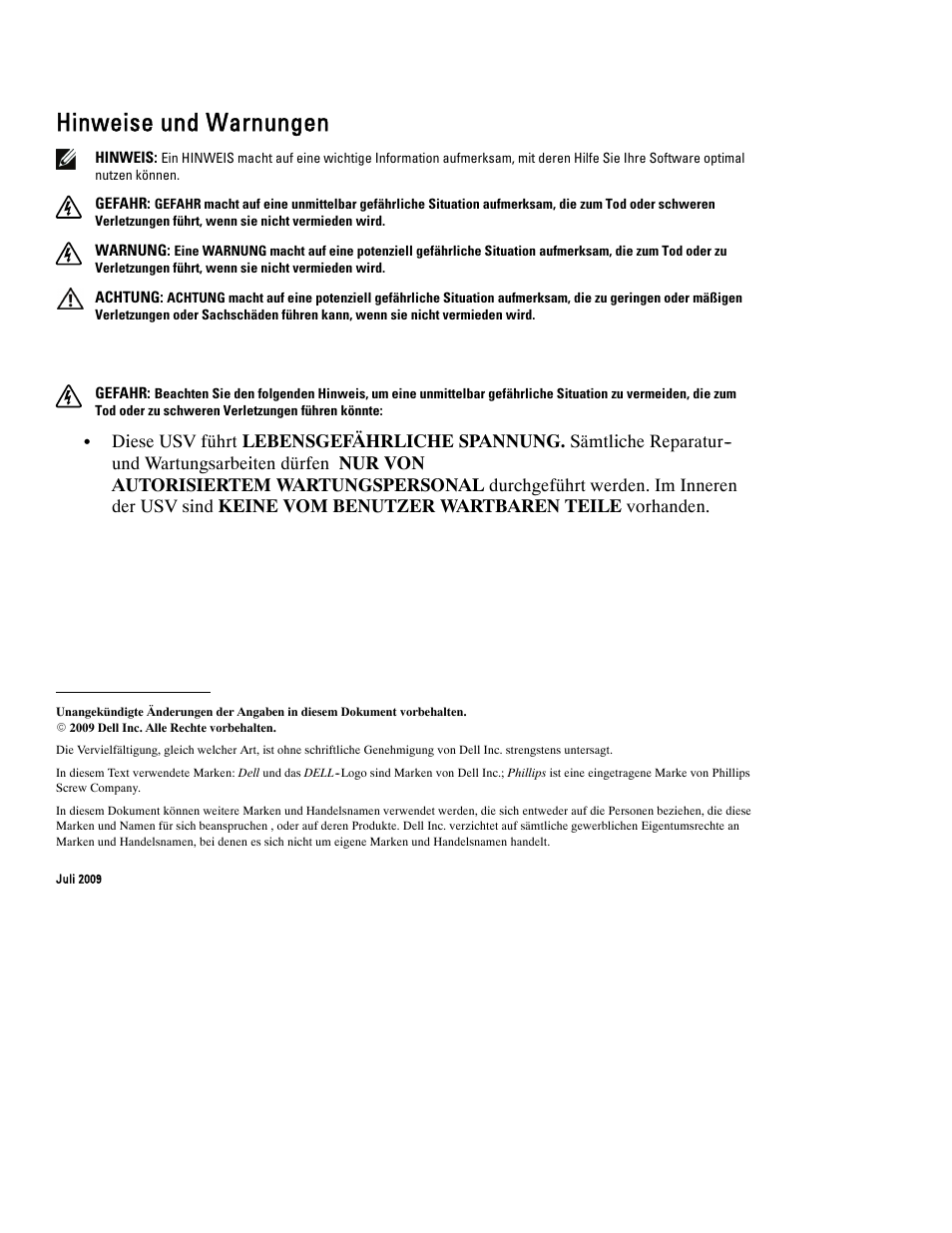 Hinweise und warnungen | Dell UPS 1000T User Manual | Page 28 / 112