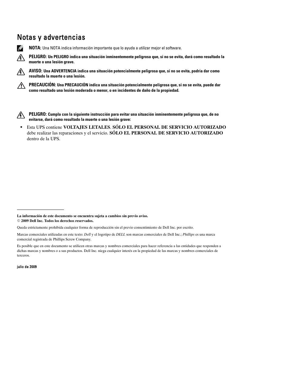 Notas y advertencias | Dell UPS 1000T User Manual | Page 52 / 112