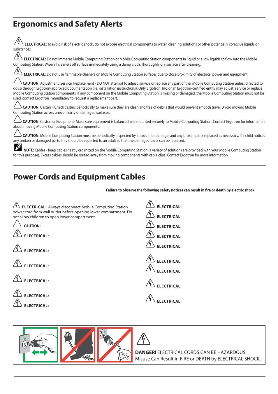 Power cords and equipment cables, Ergonomics and safety alerts, Danger | Dell Latitude 2100 User Manual | Page 7 / 8