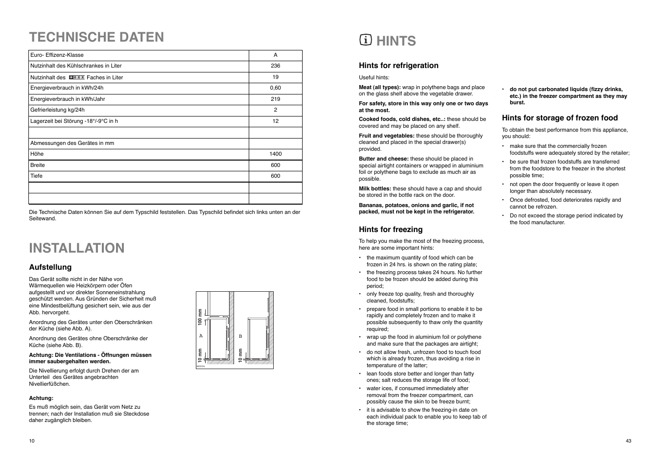 Installation, Technische daten, Hints | REX ZA 26 S User Manual | Page 10 / 26