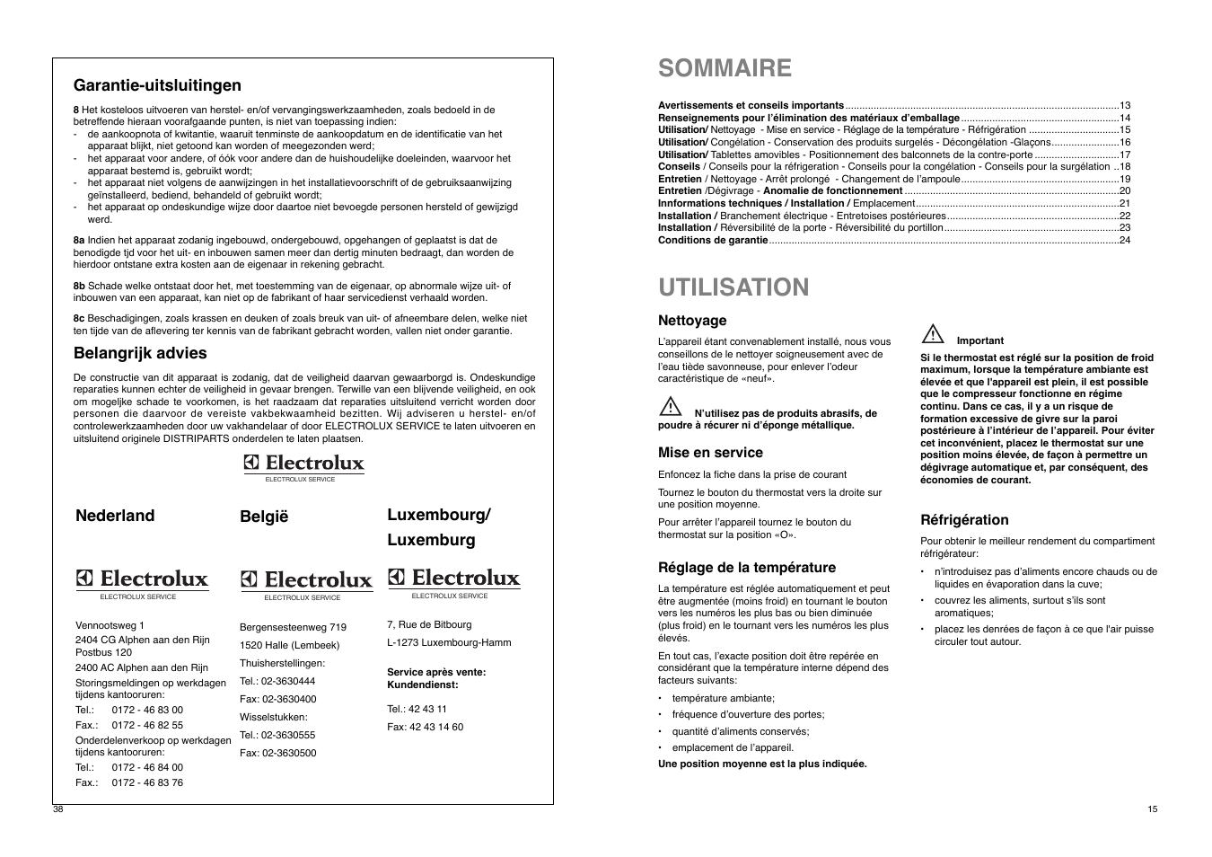 Sommaire, Utilisation, Garantie-uitsluitingen | Belangrijk advies, Nederland, Belgi, Luxembourg/ luxemburg | REX ZA 26 S User Manual | Page 15 / 26