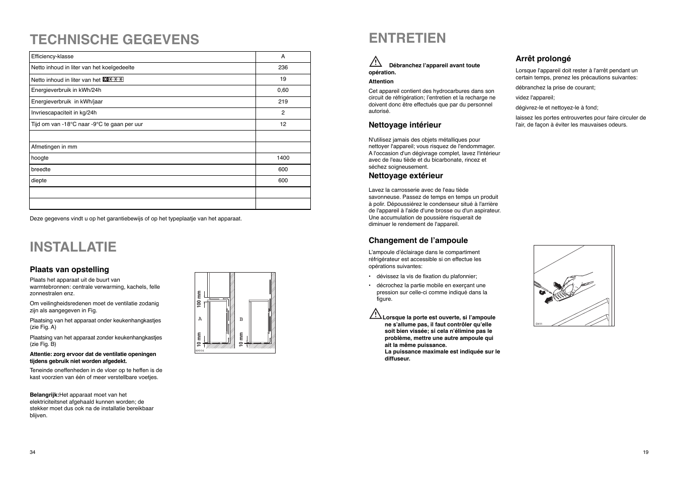 Entretien, Installatie, Technische gegevens | REX ZA 26 S User Manual | Page 19 / 26