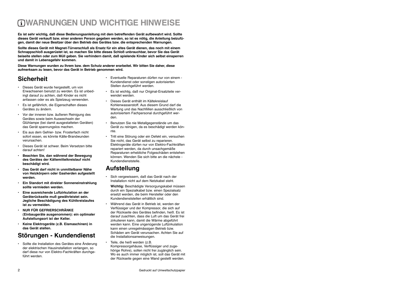 Warnungen und wichtige hinweise, Sicherheit, Stšrungen - kundendienst | Aufstellung | REX ZA 26 S User Manual | Page 2 / 26
