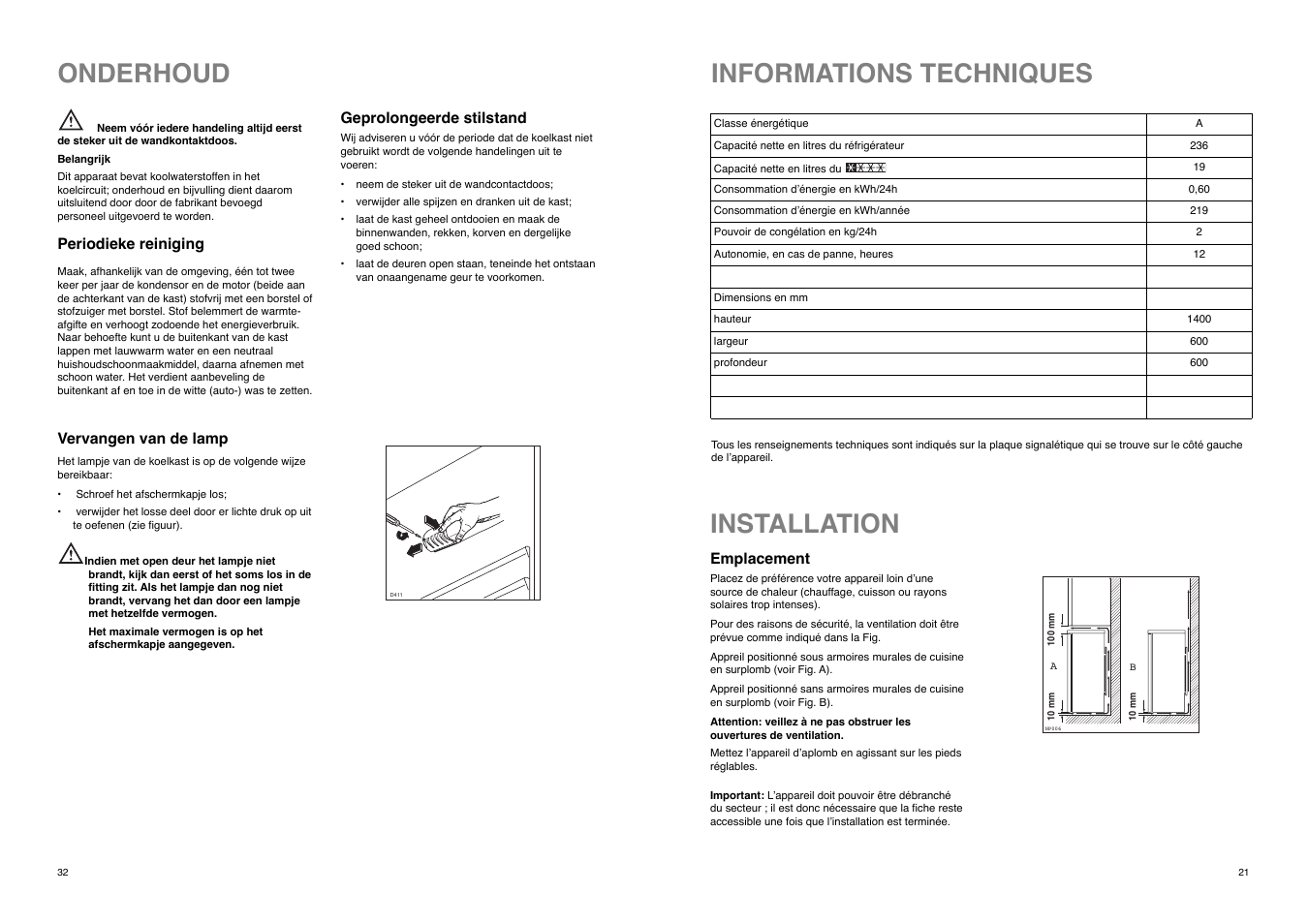 Installation, Informations techniques, Onderhoud | REX ZA 26 S User Manual | Page 21 / 26