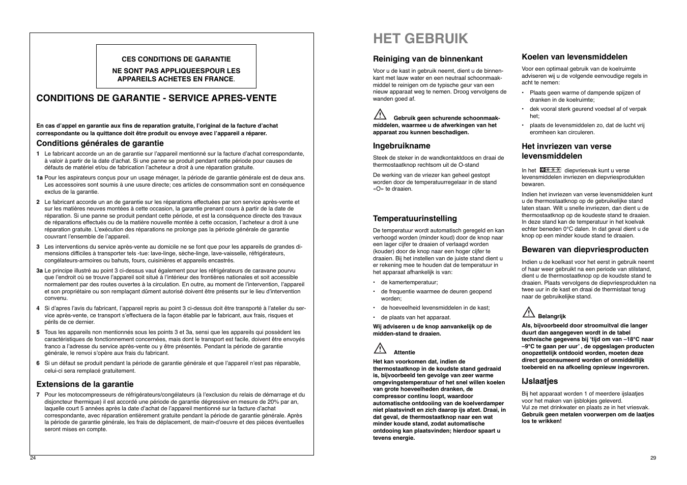 Het gebruik, Conditions de garantie - service apres-vente | REX ZA 26 S User Manual | Page 24 / 26