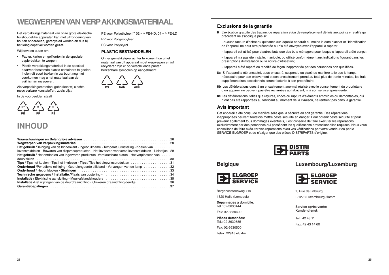 Inhoud, Wegwerpen van verpakkingsmateriaal, Distri parts | Elgroep service, Belgique, Luxembourg/luxemburg | REX ZA 26 S User Manual | Page 25 / 26
