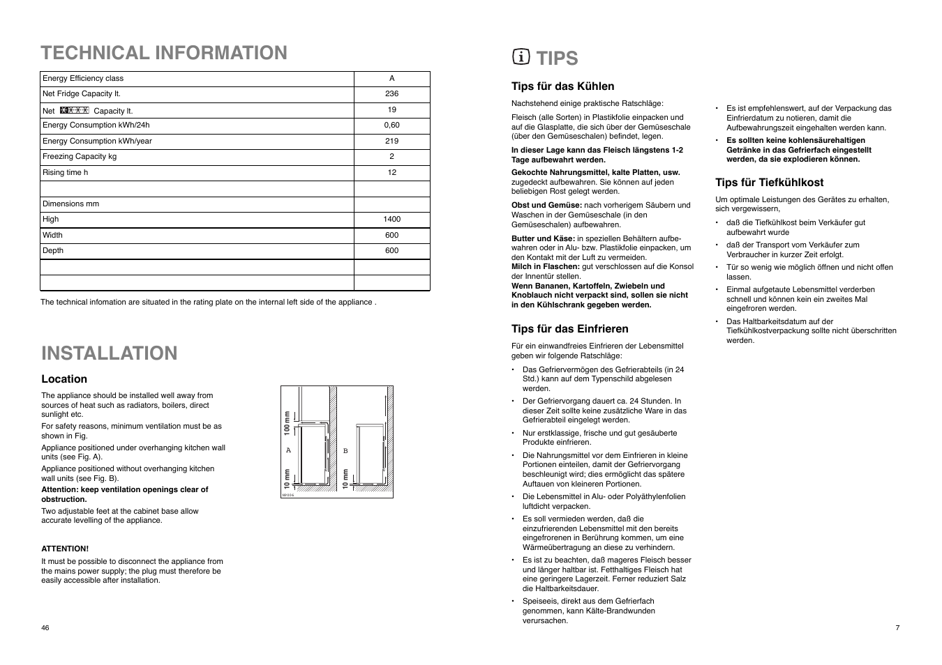 Tips, Installation, Technical information | REX ZA 26 S User Manual | Page 7 / 26