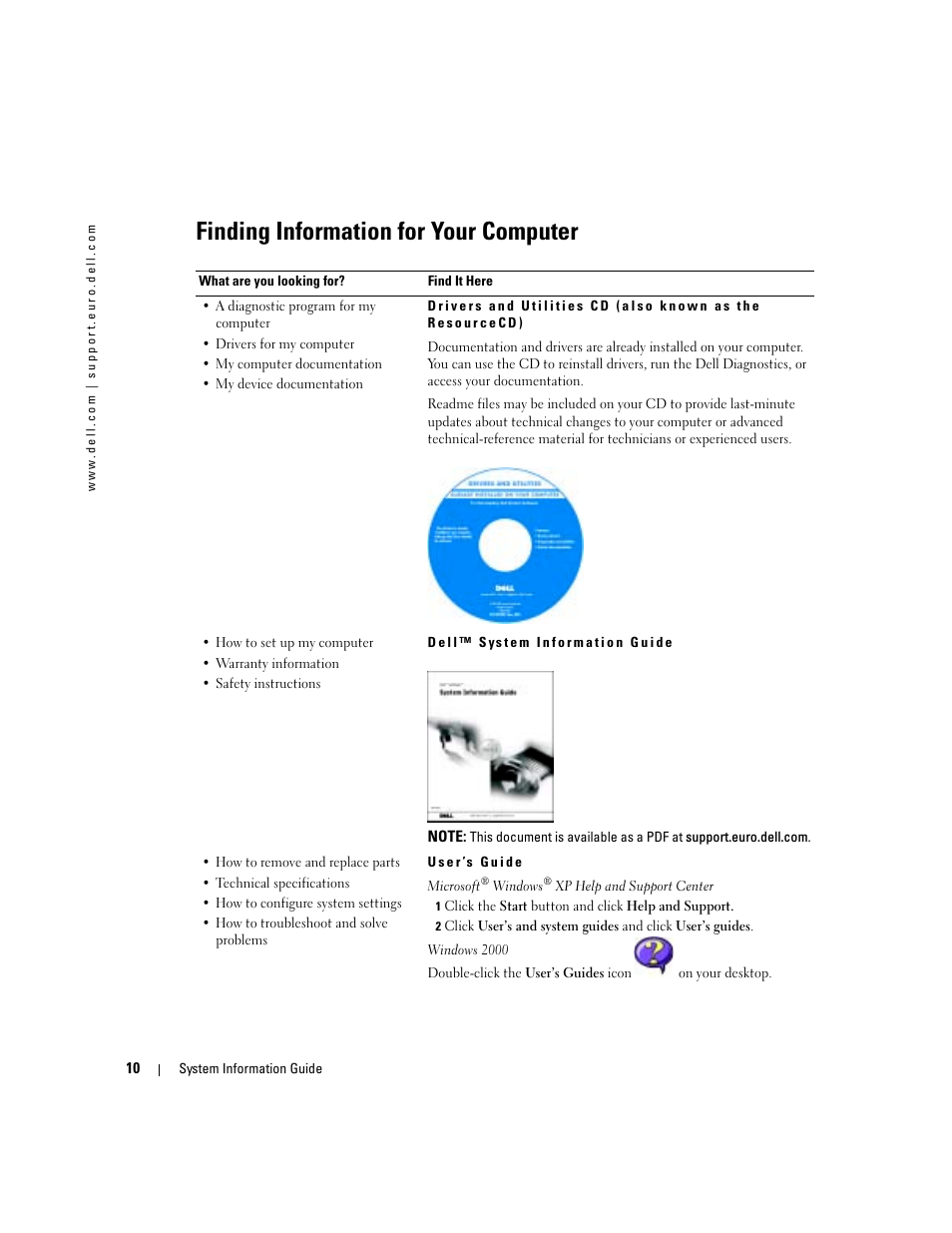 Finding information for your computer | Dell Latitude D505 User Manual | Page 12 / 322