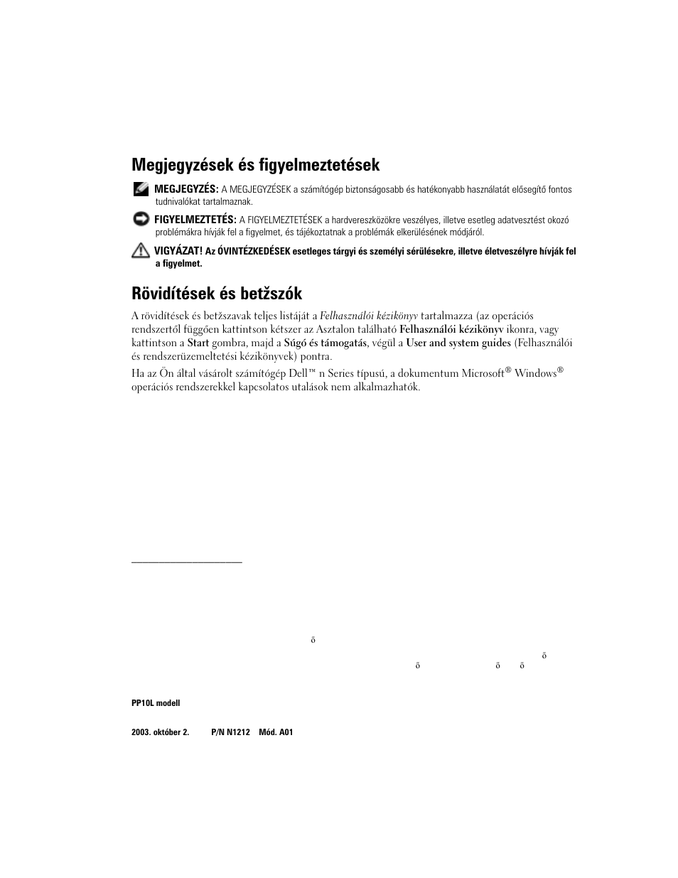 Megjegyzések és figyelmeztetések, Rövidítések és betžszók | Dell Latitude D505 User Manual | Page 126 / 322