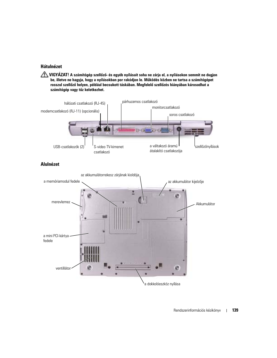 Hátulnézet, Alulnézet | Dell Latitude D505 User Manual | Page 141 / 322