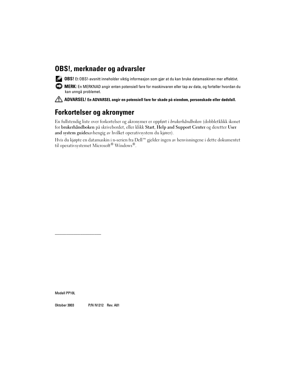 Obs!, merknader og advarsler, Forkortelser og akronymer | Dell Latitude D505 User Manual | Page 152 / 322