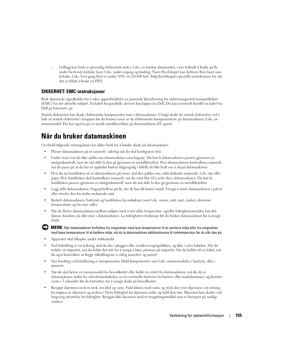 Når du bruker datamaskinen, Sikkerhet: emc-instruksjoner | Dell Latitude D505 User Manual | Page 157 / 322
