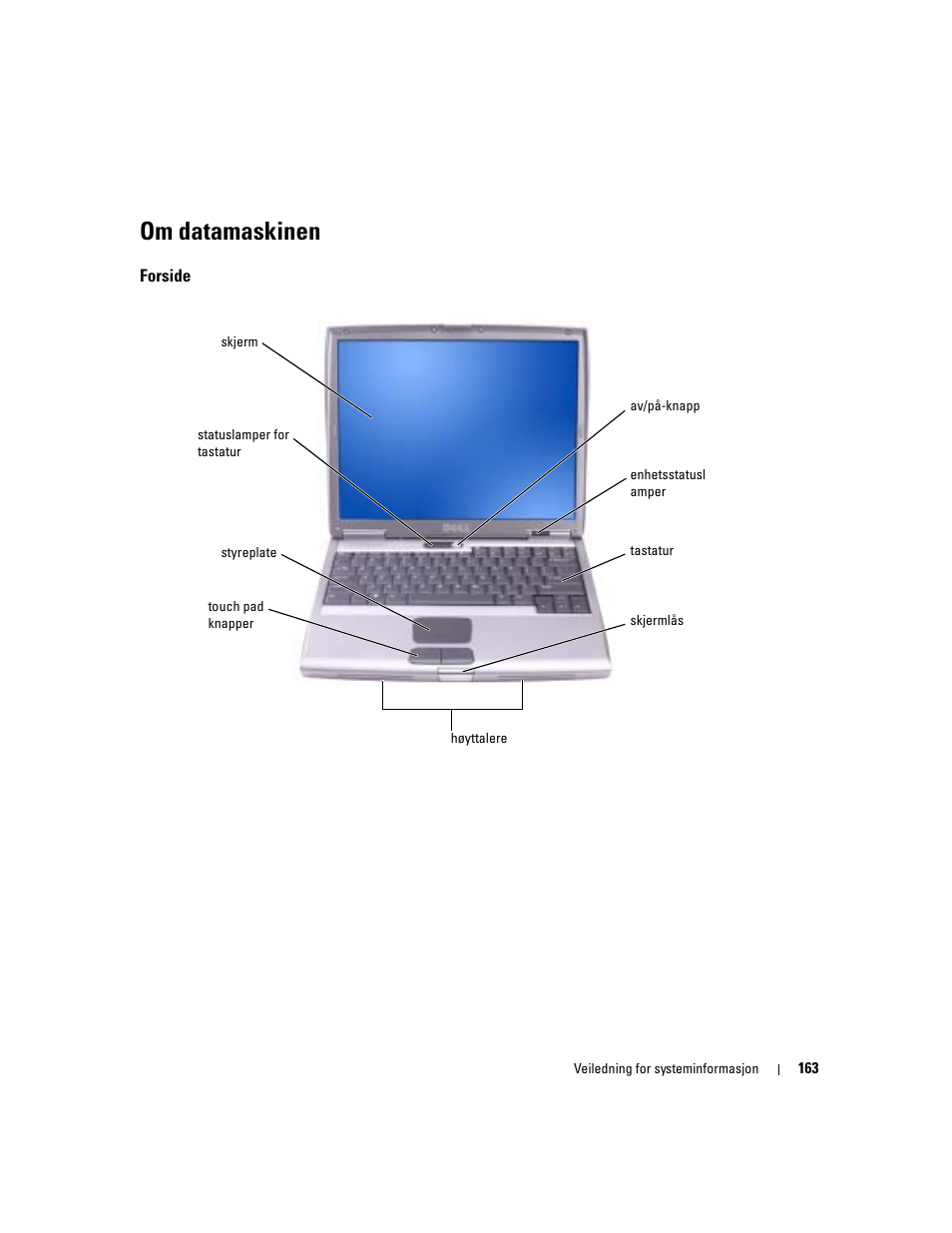 Om datamaskinen, Forside | Dell Latitude D505 User Manual | Page 165 / 322