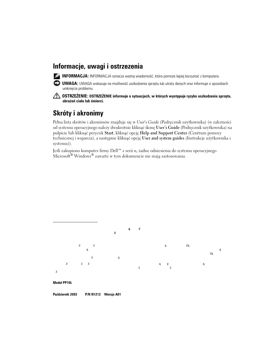 Informacje, uwagi i ostrzezenia, Skróty i akronimy | Dell Latitude D505 User Manual | Page 176 / 322