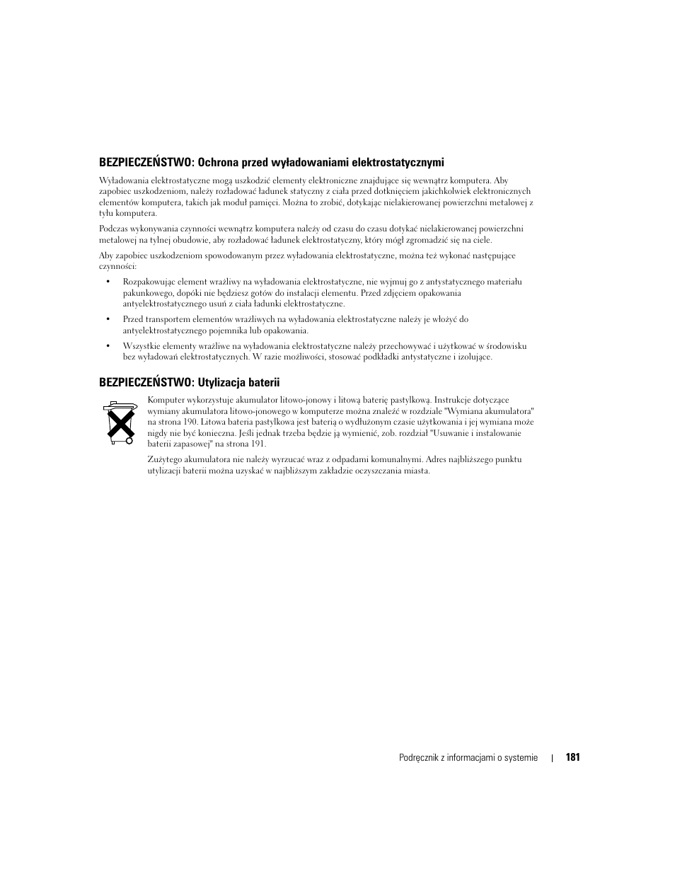 Bezpieczeństwo: utylizacja baterii | Dell Latitude D505 User Manual | Page 183 / 322