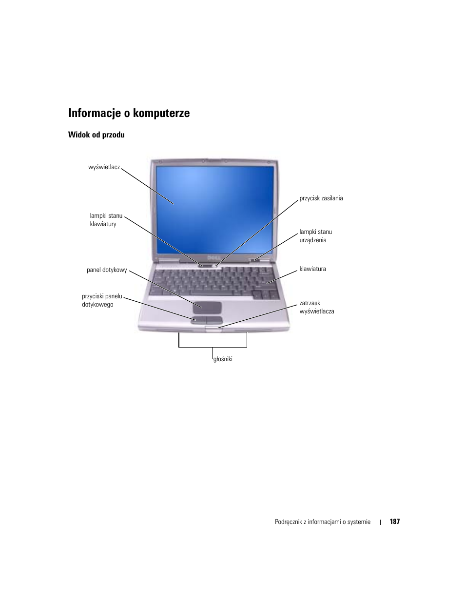 Informacje o komputerze, Widok od przodu | Dell Latitude D505 User Manual | Page 189 / 322