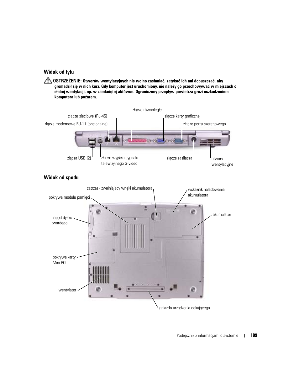 Widok od tyłu, Widok od spodu | Dell Latitude D505 User Manual | Page 191 / 322