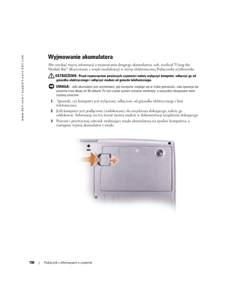 Wyjmowanie akumulatora | Dell Latitude D505 User Manual | Page 192 / 322