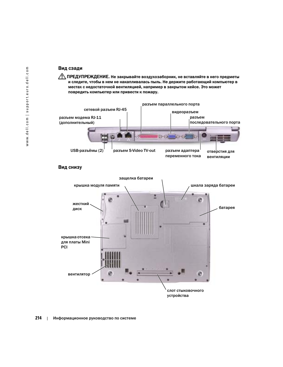 Вид сзади, Вид снизу | Dell Latitude D505 User Manual | Page 216 / 322